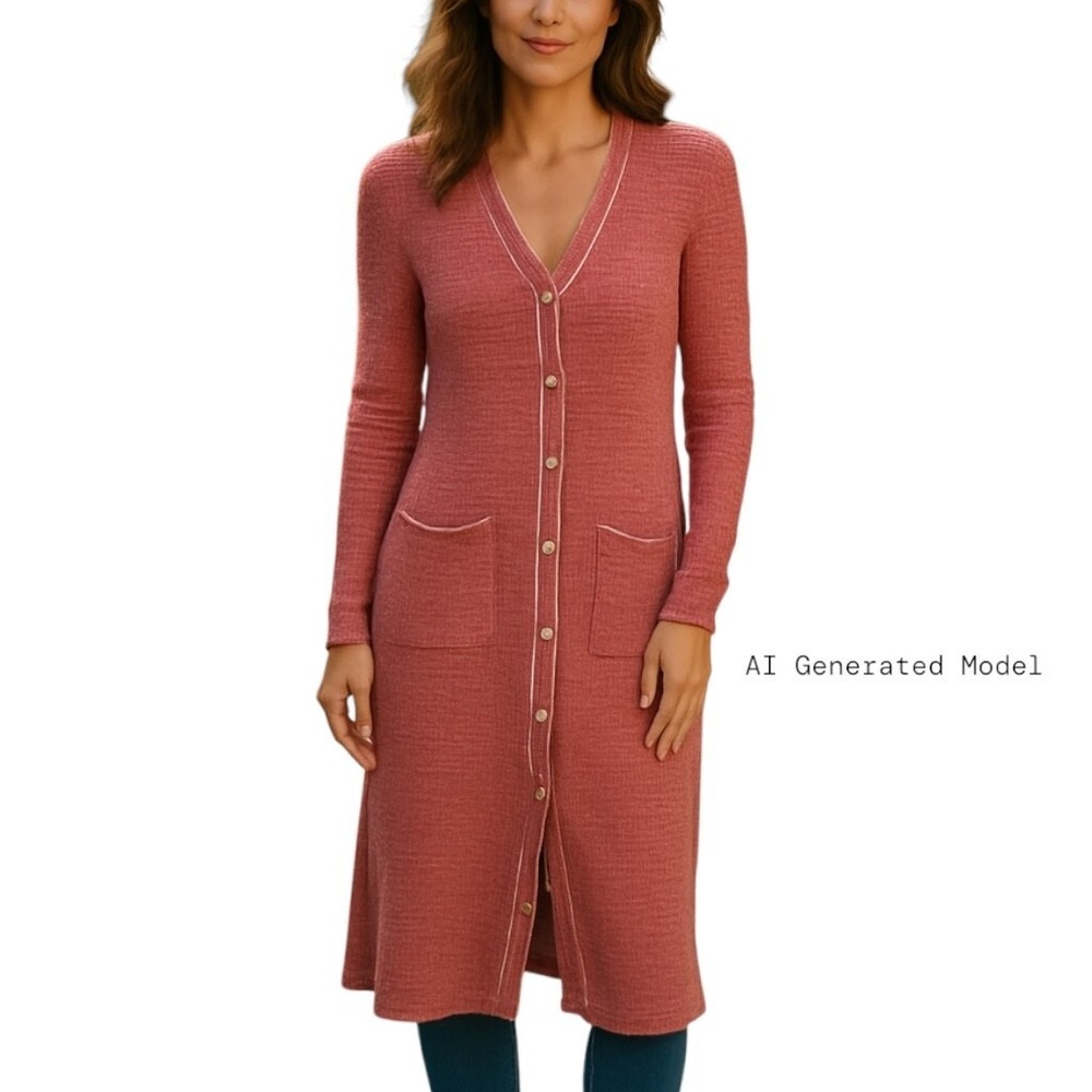 L'AGENCE Galena Long Button Front Knit Duster Cardigan Dress Red/White Wm Sm EUC